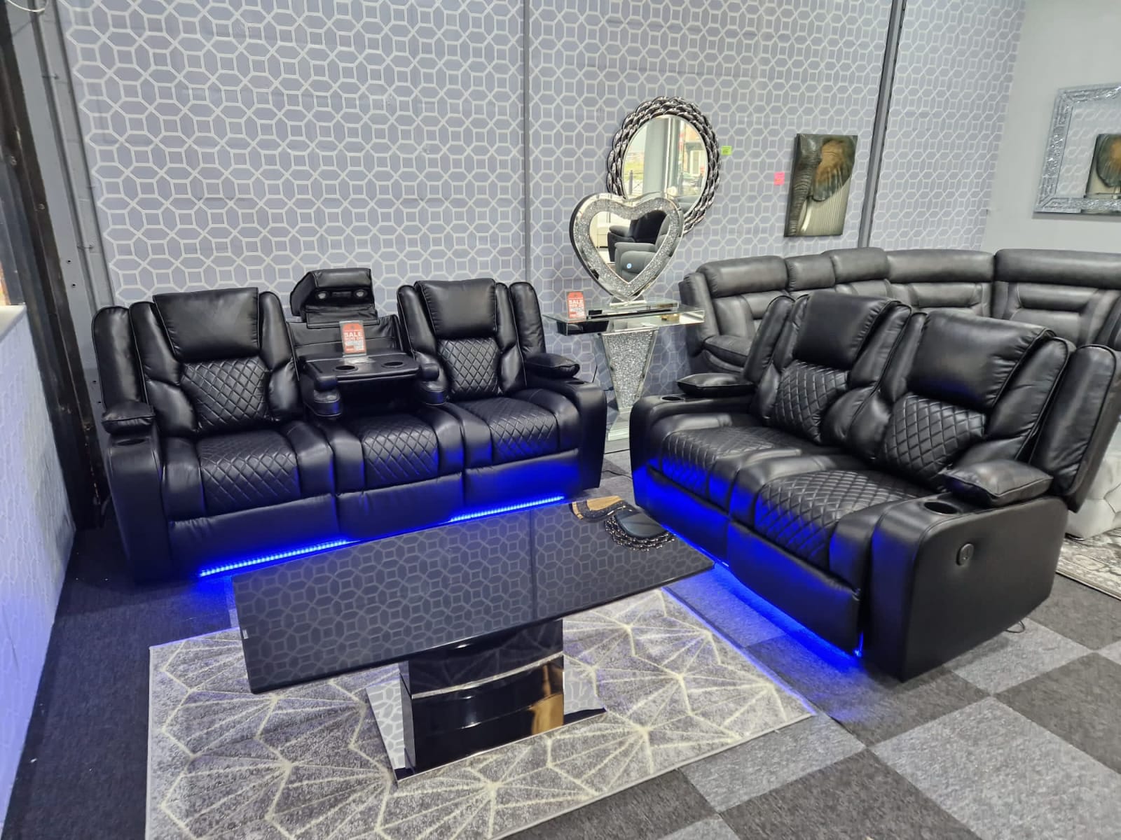 Vagas LED 3+2 Seater Sofa Set Reclining Cinema Sofa in Genuine Black Leather