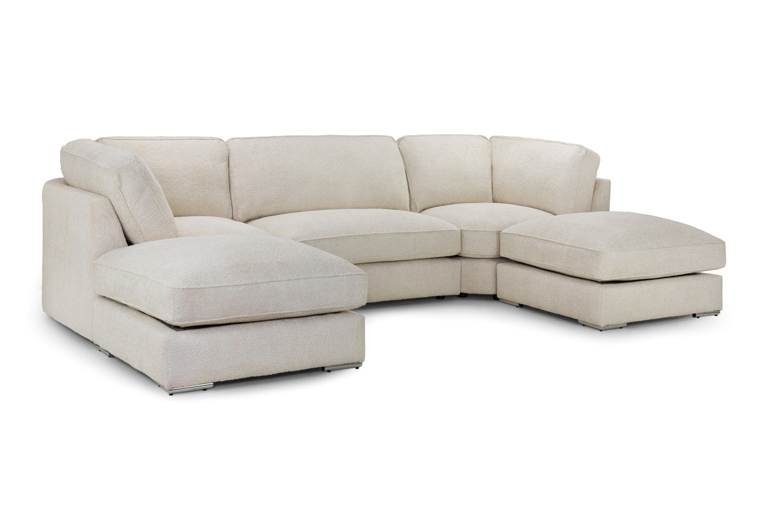 Stylish and comfortable Inga U Shape Beige Corner Sofa upholstered in soft bouclé fabric with large movable footstools and low-profile chrome feet.