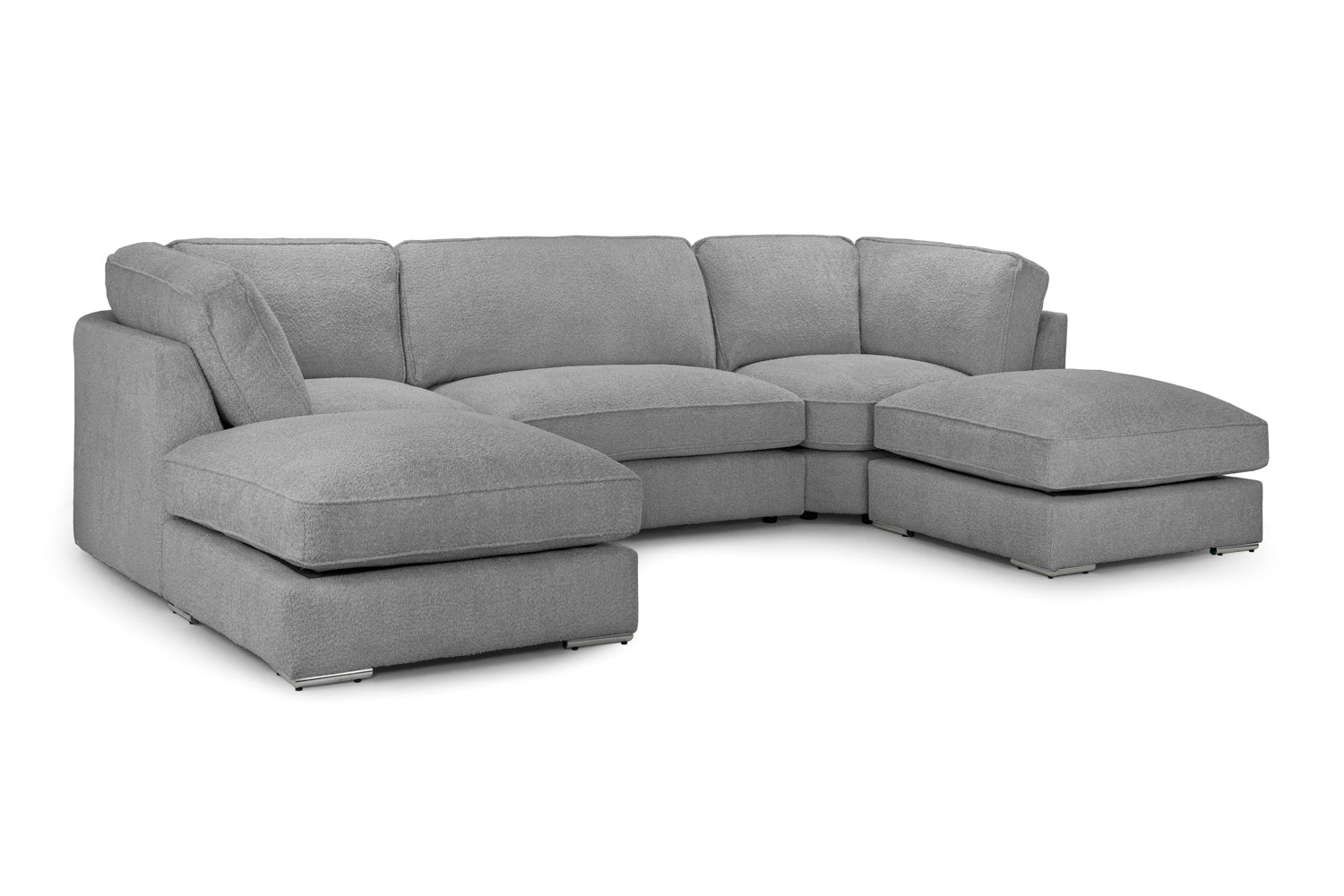 Stylish and comfortable Inga U Shape Grey Corner Sofa upholstered in soft bouclé fabric with large movable footstools and low-profile chrome feet.